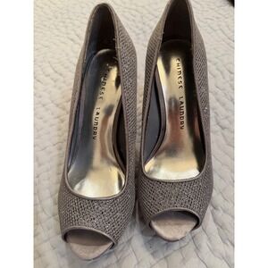 Chinese Laundry Silver Metallic Mesh Peep Toe Platform Pumps Stiletto Heels 6.5M